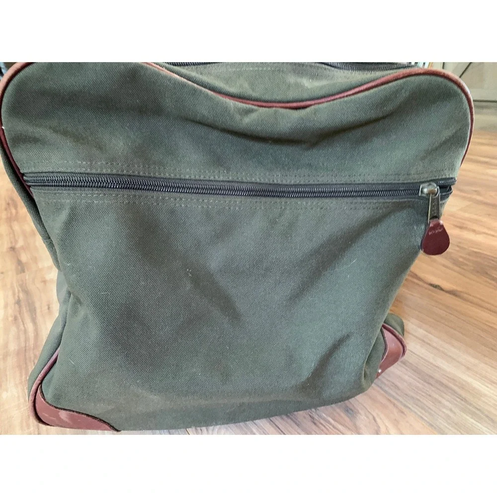 Vintage Cabela's Large Duffle Bag Olive Green Canvas Leather Trim Hunting Travel